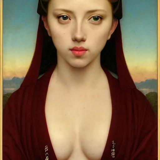 Prompt: three quarter view portrait of young scarlet johansson in japanese costume by jan van eyck, tom bagshaw, jean delville, william bouguereau, albrecht durer, symbolist painting, mysterious mood