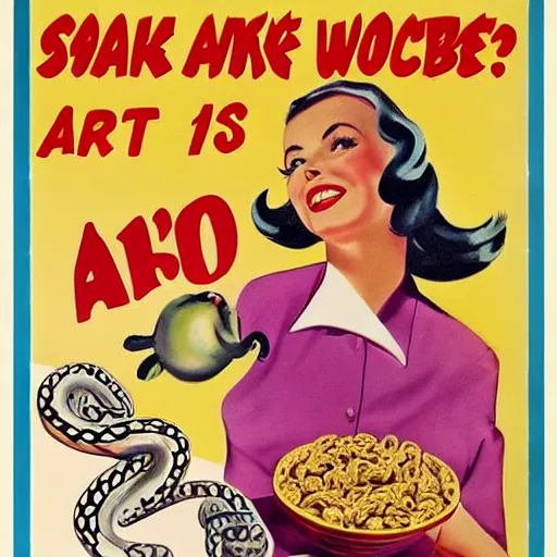 Image similar to a 1 9 5 0 s stylized advertisement for a snake themed cereal product, art, circa 1 9 5 0 s