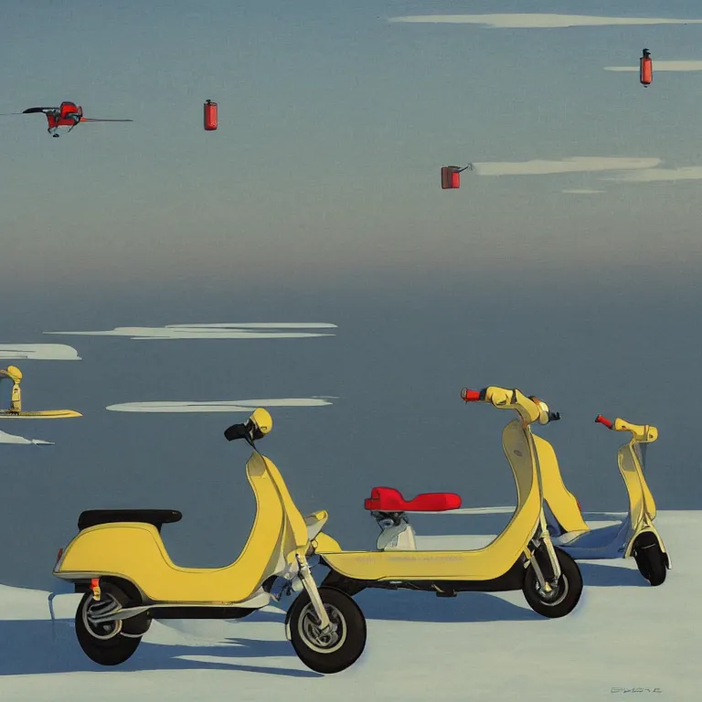 Prompt: electric scooters with magnets that fly over ice, by kawase hasui, moebius and edward hopper, colorful flat surreal design, hd, 8 k, artstation