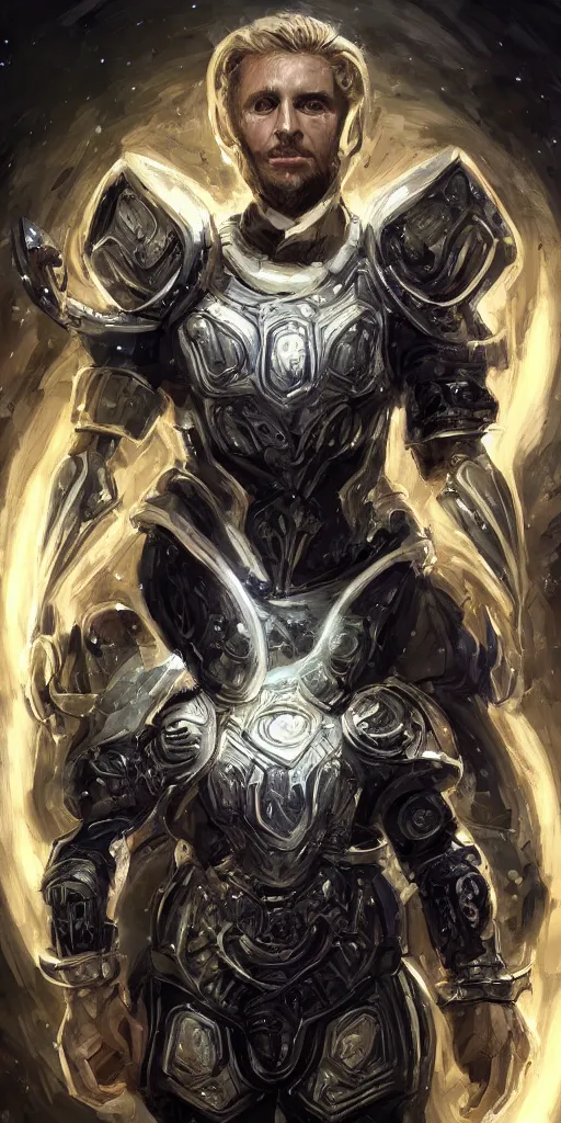 Image similar to of a hyper _ realistic _ proportional _ stylization _ portrait _ of _ a _ techpunkk _ war _ cleric _ in _ a _ futuristic _ pearl _ armor _ full _ of _ astral _ runes _ the _ backgro.