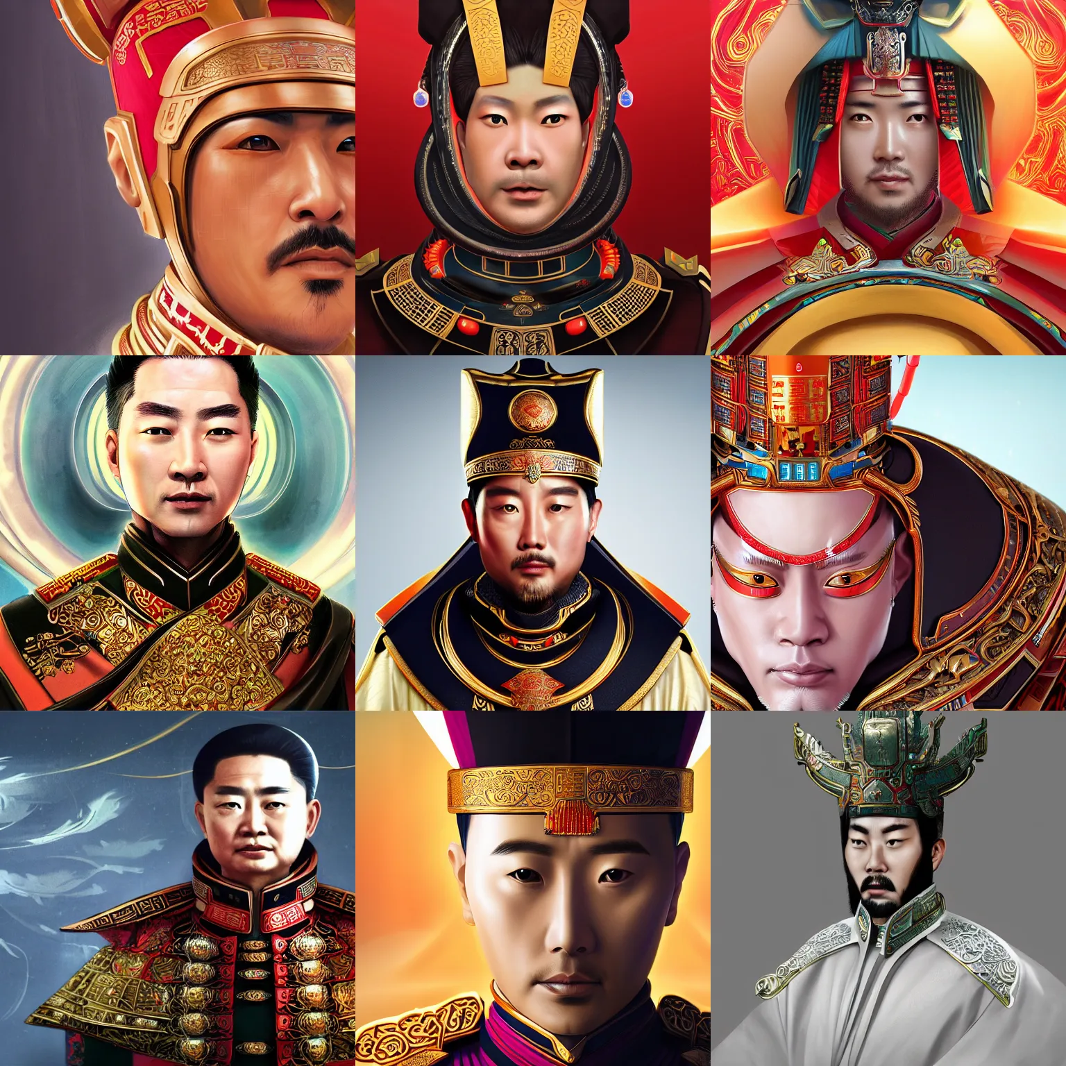 Prompt: Closeup portrait of a futuristic Chinese emperor, sleek robes, jewellery, ornate, sci-fi concept art, artstation, matte painting