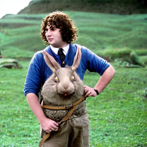 Prompt: surly clean shaven pudgy British lad with short curly dark brown hair as a hobbit wearing a white men's crossbody sling chest bag and blue vest standing next to a giant rabbit, blue vest! white crossbody chestbag! high resolution film still, movie by Peter Jackson