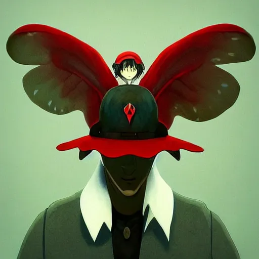 Prompt: 4K headshot of mothman with a mushroom hat and rouch clothes with giant wings , intricate face , flawless anime cel animation by Manabu Oshashi and Satoshi Kon, professionally post-processed , beautiful, scary, symmetry accurate features, epic, octane rendered, anime masterpiece, accurate