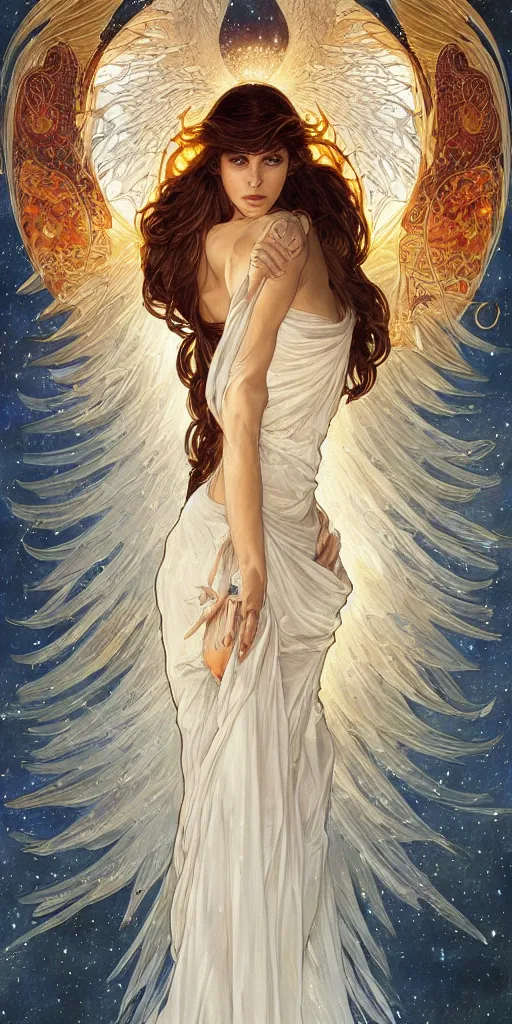 Prompt: phoenix angel in white gauze dresses of fireflies and flameches, symmetrical facial features, fire stainglass and moonlight background, intricate, elegant, highly detailed, digital painting, artstation, concept art, matte, sharp focus, illustration, intricate art nouveau frame, art by Artgerm and Greg Rutkowski and Alphonse Mucha