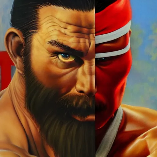 Image similar to ultra realistic portrait painting of forest gump as ryu from street fighter, art by frank frazetta, 4 k, ultra realistic, highly detailed, epic lighting