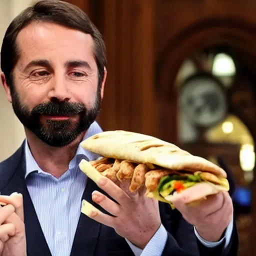 Prompt: santiago abascal sharing a kebab in the houses of parliament