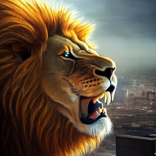 Prompt: a giant lion head looking at a city from above,low-angle shot,photorealiatic,hyperdetailed,hyperrealistic,studio lighting,studio photography,professional photography,professional lighting,detailed face,3 point lighting,4k,digital art,ultra realistic,ultra detailed,art by greg rutkowski,dramatic