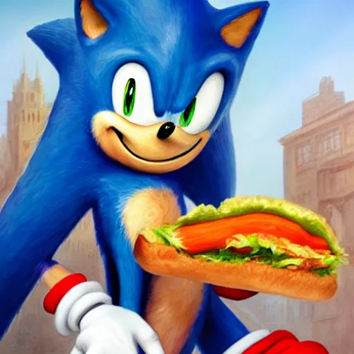Image similar to A beautiful hyperrealistic detailed matte portrait painting of Sonic eating a sandwich of chorizo by andreas rocha and john howe and Martin Johnson