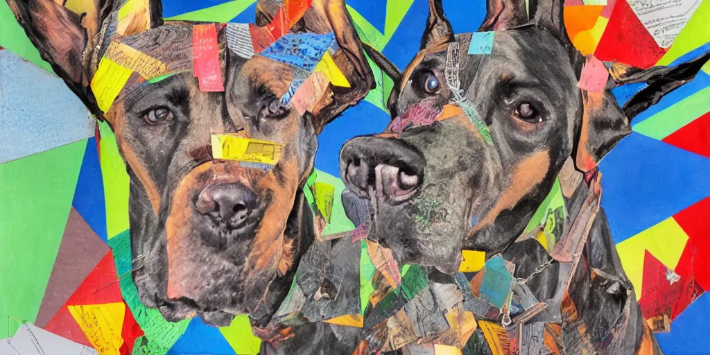 Image similar to mad doberman on a chain, collage, acrylic on canvas, lines with colored pencils, newspaper clippings, expressionism movement, breathtaking detailed, by blake neubert