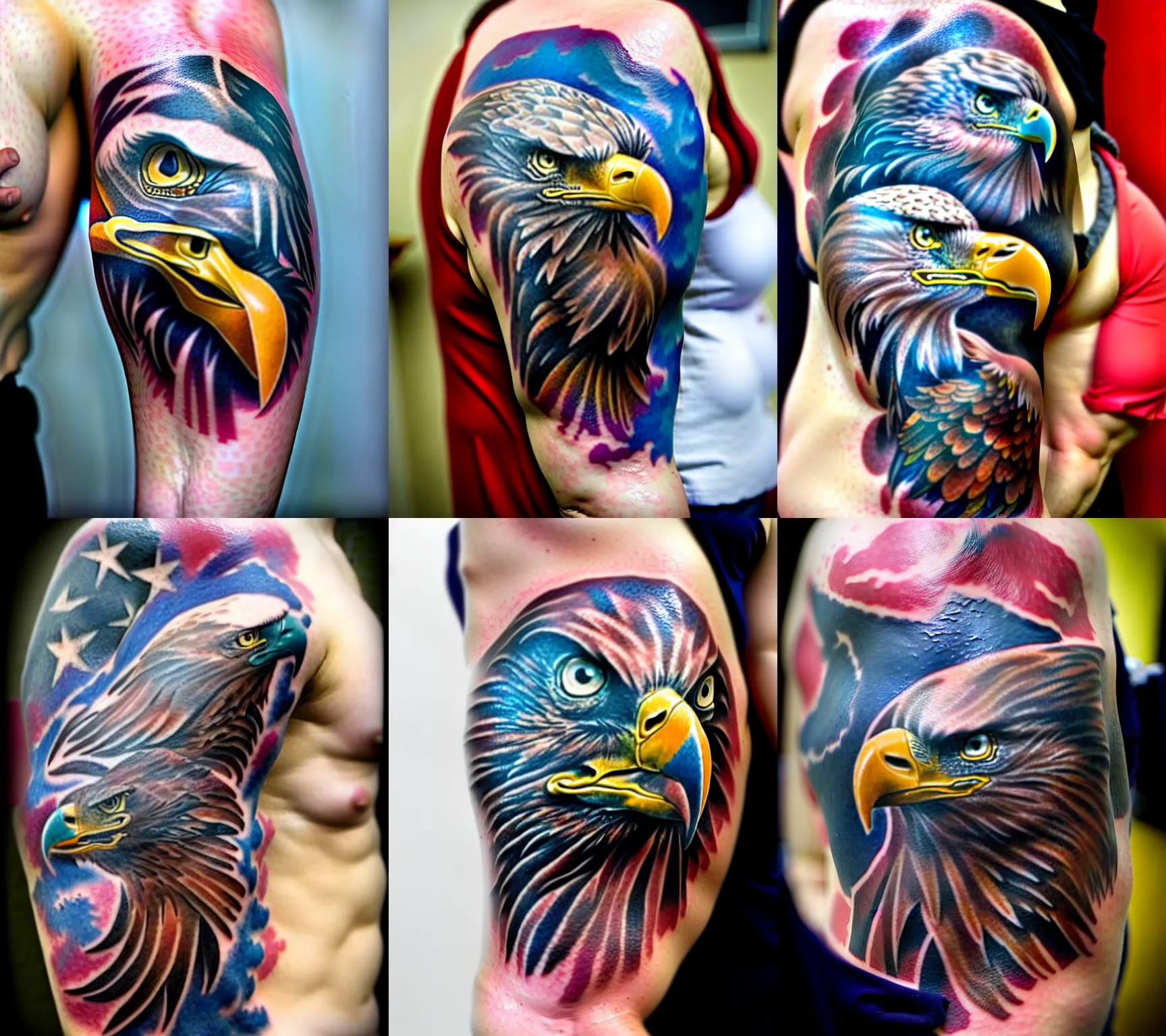 Prompt: wide shot of arm with bald eagle tattoo, tattoo