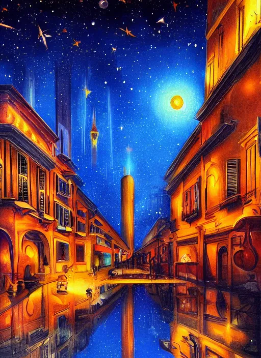 Prompt: ethereal starlit city at sunset, italian futurism, da vinci, hd, digital painting