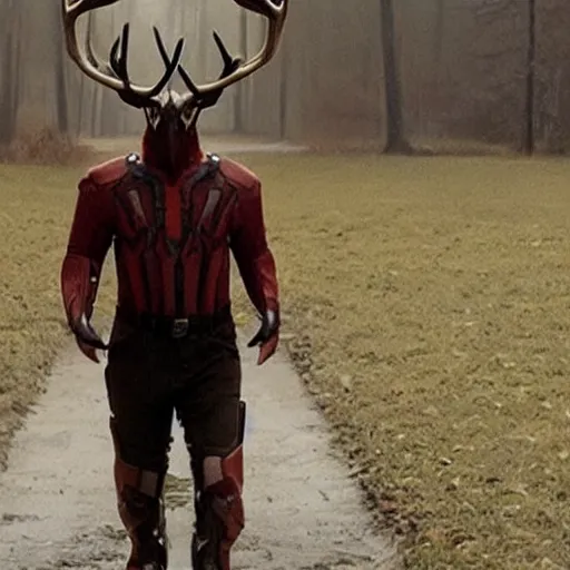 Prompt: still from AntlerMan, ability is having antlers, crappy super hero movies