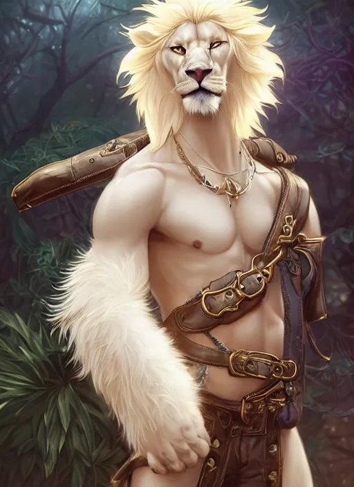 Prompt: aesthetic portrait commission of a of a male fully furry muscular anthro albino lion wearing a summer outfit and leather harness with a tail and a beautiful attractive hyperdetailed face at golden hour, fully clothed . Character design by charlie bowater, ross tran, artgerm, and makoto shinkai, detailed, inked, western comic book art, 2021 award winning film poster painting