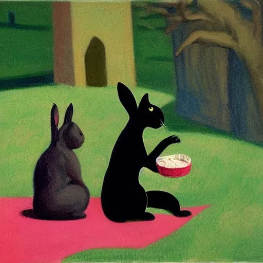Prompt: black cat having a picnic with a bunny, the bunny has pink fur, highly detailed, painted by Edward Hopper