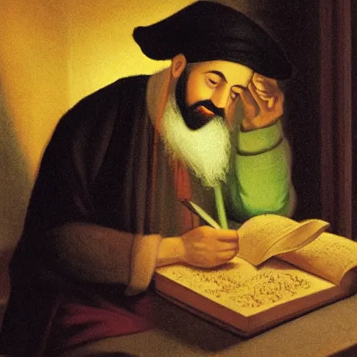 Image similar to maimonides writing by candlelight, in the style of a veggie tales cartoon