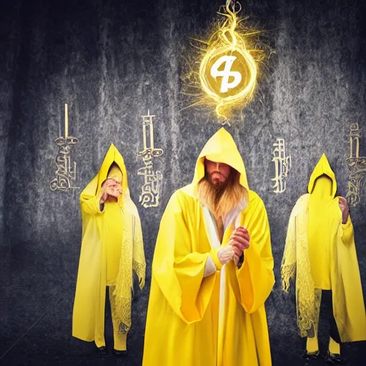 Image similar to award - winning. hyper - realistic. cinematic. 4 k. a person wearing hooded frayed yellow robes casting a spell while yellow magic runes float behind them. dark background