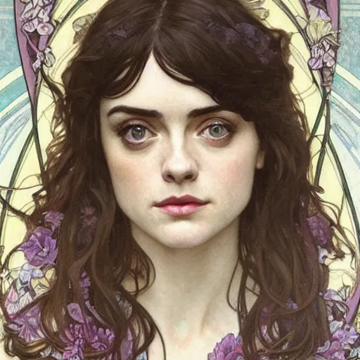 Prompt: a combination of Alexandra Daddario, Maisie Williams, Krysten Ritter, Anne Hathaway and Natalia Dwyer Christina Ricci and Lily Collins by Alphonse Mucha, Magali Villeneuve and Livia Prima