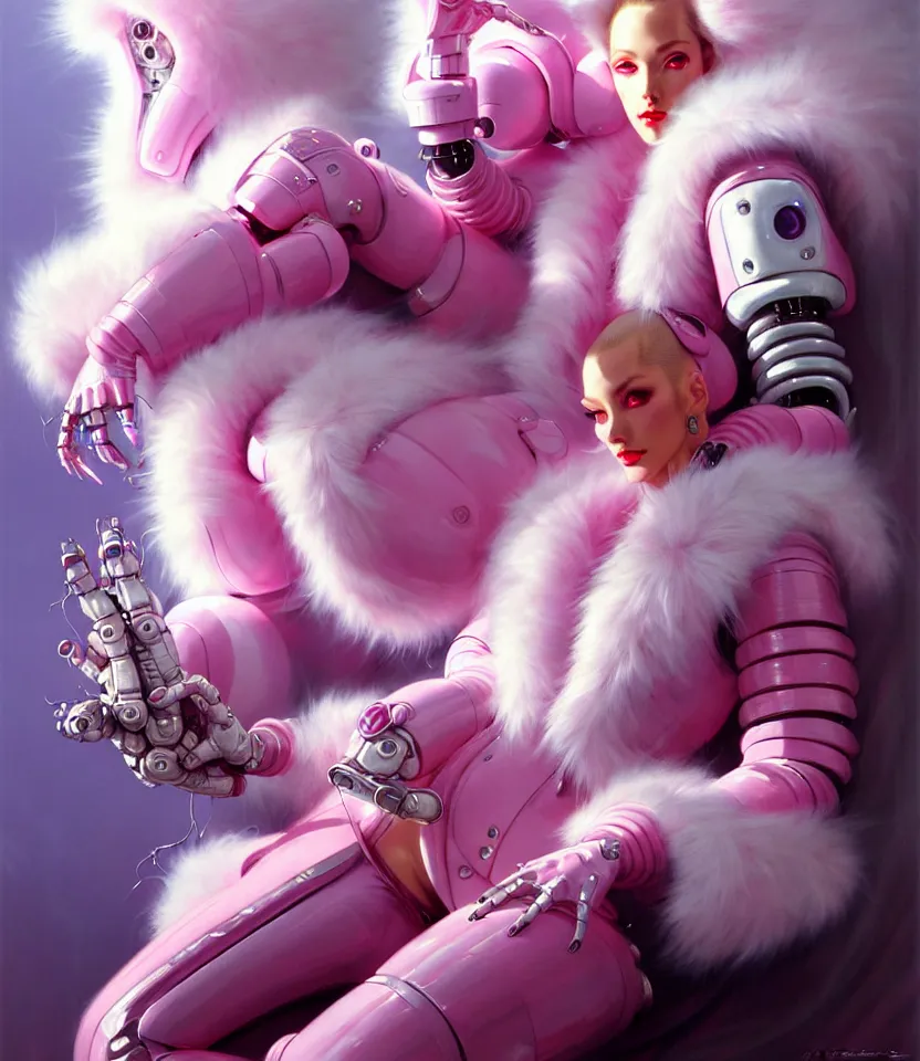 Prompt: beautiful fantasy character portrait, wearing pink puffy bomber jacket with white fur, seductive reclining pose, futuristic robots sitting, ultra realistic, dramatic lighting, robots, the fifth element artifacts, highly detailed by peter mohrbacher, hajime sorayama, wayne barlowe, boris vallejo, aaron horkey, gaston bussiere, craig mullins