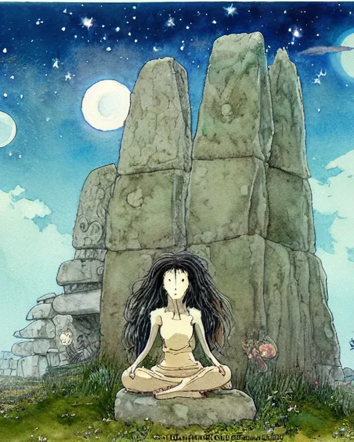 Image similar to a hyperrealist studio ghibli watercolor fantasy concept art of a giant long haired grey witch in lotus position sitting on top of stonehenge with a starry sky in the background. a ufo is in the sky. by rebecca guay, michael kaluta, charles vess