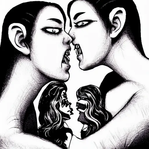 Image similar to two monstrous women kissing each other with long spiraling lips, eldritch abomination, horror manga illustration by junji ito, key visual, monochromatic