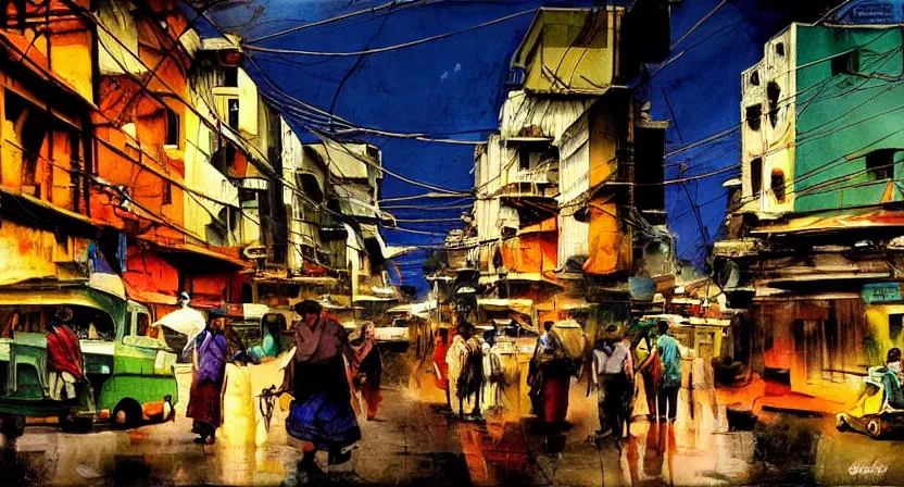 Image similar to calcutta streets, artwork by salman toor, cinematic light, atmospheric effects