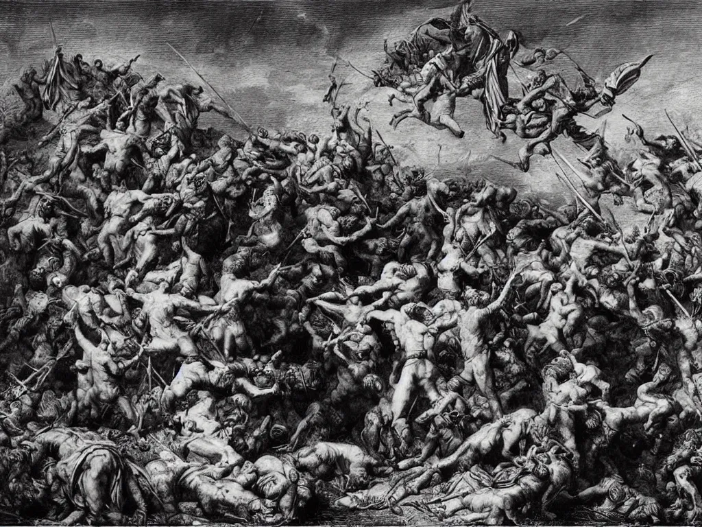 Prompt: burial mound of the Persian tyrant. The last fight of the Triasic. Painting by Gustave Dore, Pontormo