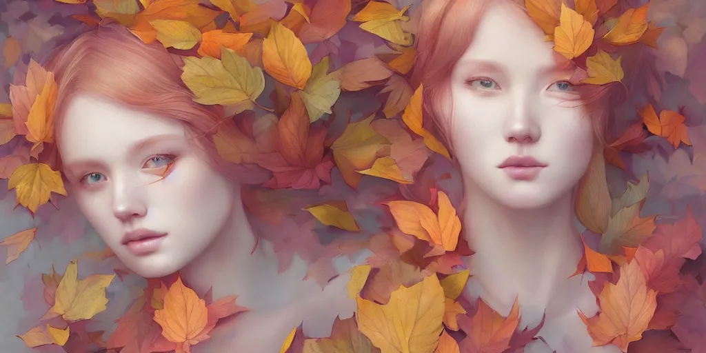 Prompt: highly detailed pastel colors of an ethereal ginger beauty morphing gradually into autumn leaves, by artgerm and hsiao - ron cheng, smooth composition, fine patterns and detail