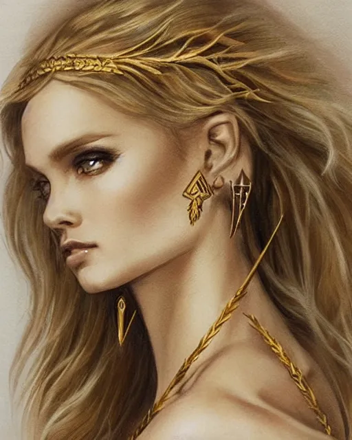 Image similar to tattoo sketch of blonde super model aphrodite greek goddess wearing a gold laurel wreath and triangle earrings, beautiful piercing gaze with sharp pupils, in the style of greg rutkowski, fantasy, amazing detail, epic, elegant, smooth, sharp focus, front view