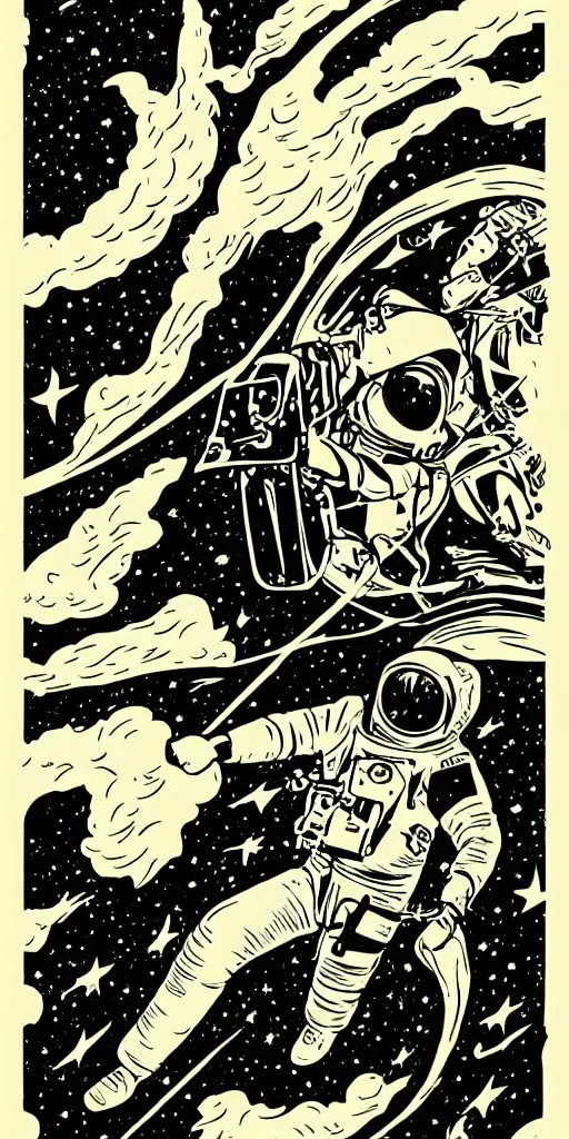 Image similar to mcbess poster in full color, astronaut drifting into a black hole