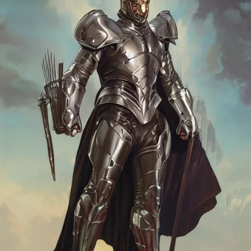 Image similar to character concept, wide angle, full body, symmetrical head - on centralized, young man with armor suit. detailed, high quality, dynamic lightning, fantasy, scenematic. artwork by artgerm, wlop, alex ross, greg rutknowski, alphonse mucha