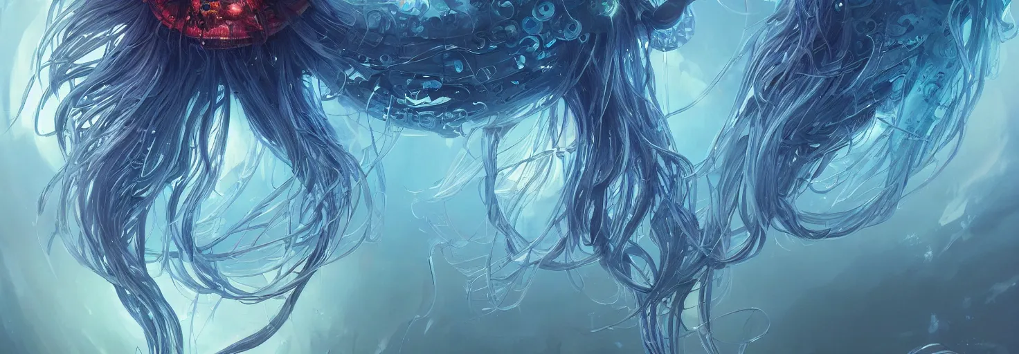 Image similar to Panorama hyper detailed painting of a cyberpunk jellyfish, blue tones, underwater, 8 mm, highly detailed, digital painting, artstation, concept art, smooth, sharp focus, illustration, art by artgerm and greg rutkowski and alphonse mucha