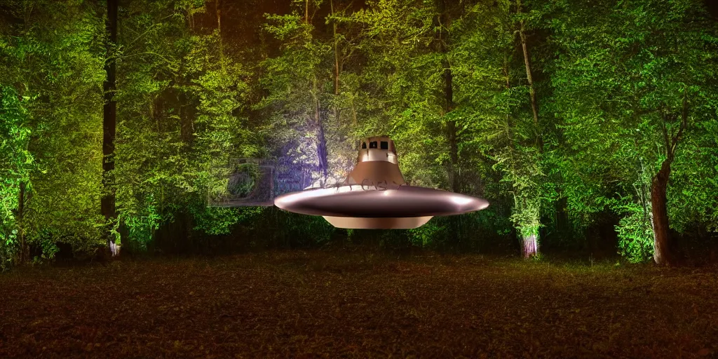 Image similar to an alien craft landed in the woods, shiny and metallic, night time, volumetric lighting, wide shot