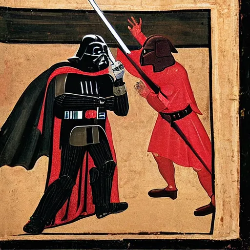 Prompt: Medieval painting of Darth Vader fighting in Rome