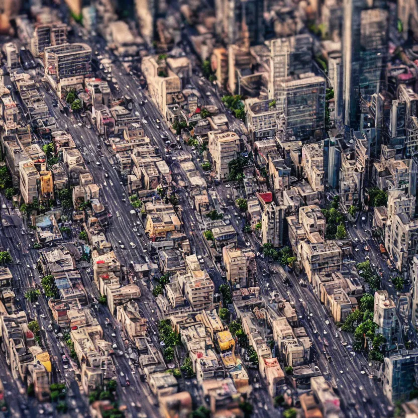 Image similar to tilt - shift photography of a busy street in a futuristic city on venus
