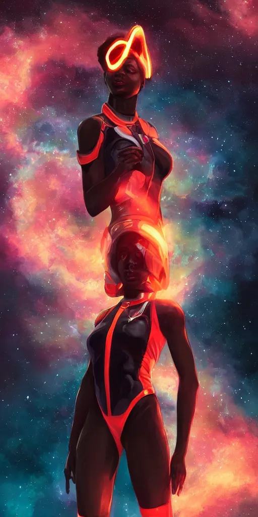 Image similar to beautiful black woman in an advanced spacesuit in front of exploding nebulae halos, digital illustration trending on artstation by artgerm and rutkowski