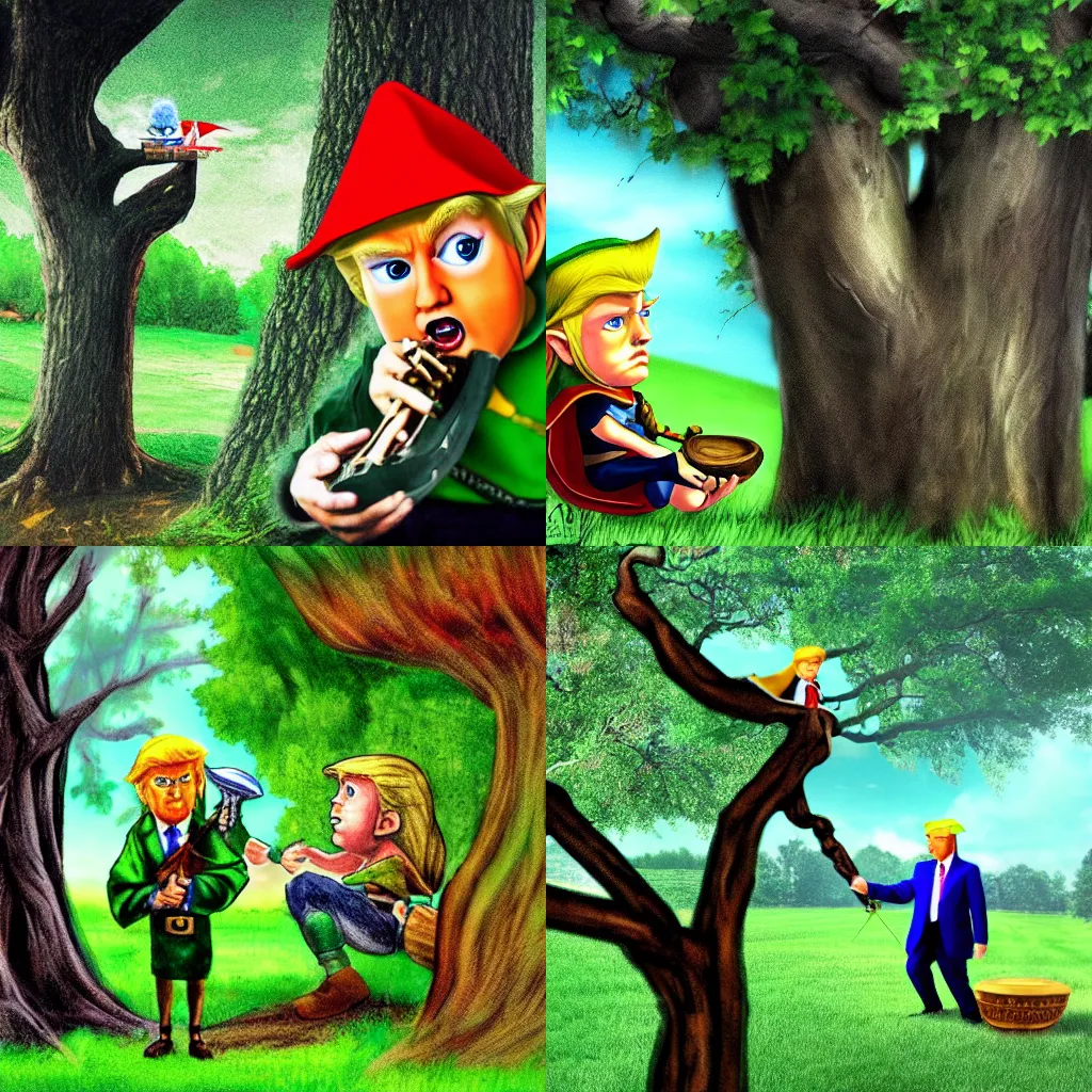 Prompt: trump playing the ocarina of time sitting on a tree branch wearing a green tunic and hat movie scene hdr