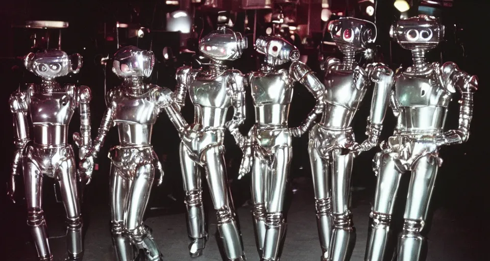 Image similar to color film still, chrome robots at the disco ; studio 5 4 ( 1 9 9 8 )