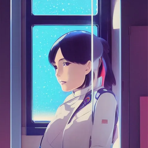 Prompt: A Beautiful young woman wearing a space uniform , sitting by a window || VERY ANIME, fine-face, realistic shaded perfect face, fine details. Anime. realistic shaded lighting poster by Ilya Kuvshinov katsuhiro otomo ghost-in-the-shell, magali villeneuve, artgerm, Jeremy Lipkin and Michael Garmash, Rob Rey and Kentarõ Miura style, trending on art station