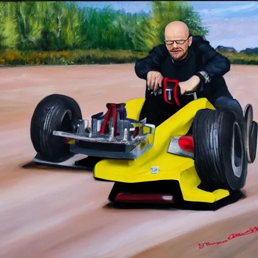 Prompt: oil painting of Walter White and Jesse Pinkman go-karting on a track, bryan cranston, aaron paul