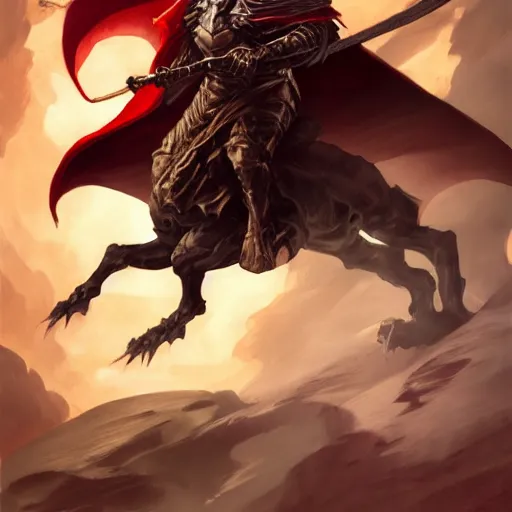 Image similar to hooded knight riding a wyvern by frank frazetta, flowing cape, dynamic pose, chiaroscuro, fantasy, very detailed, dungeons & dragons, sharp focus, striking, artstation contest winner, detailed