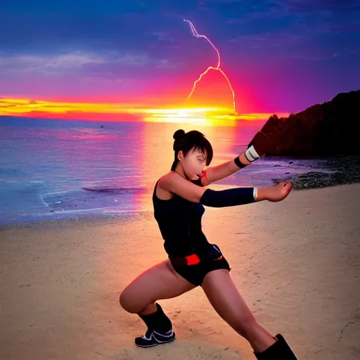 Prompt: photo of Chun Li training at the beach, sunset, solar flare, fine art photography