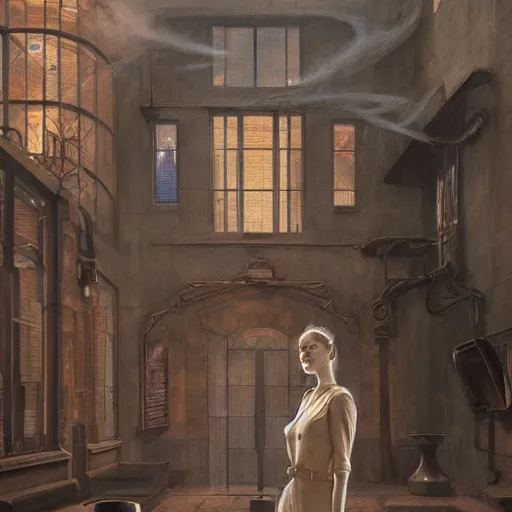 Image similar to detailed face of an intelligent clothed woman with kind eyes in a architectonic courtyard with whisps of smoke at a science expo, atmospheric, ambient, pj crook, syd mead, livia prima, artgerm, greg rutkowski, nick alm, casey baugh