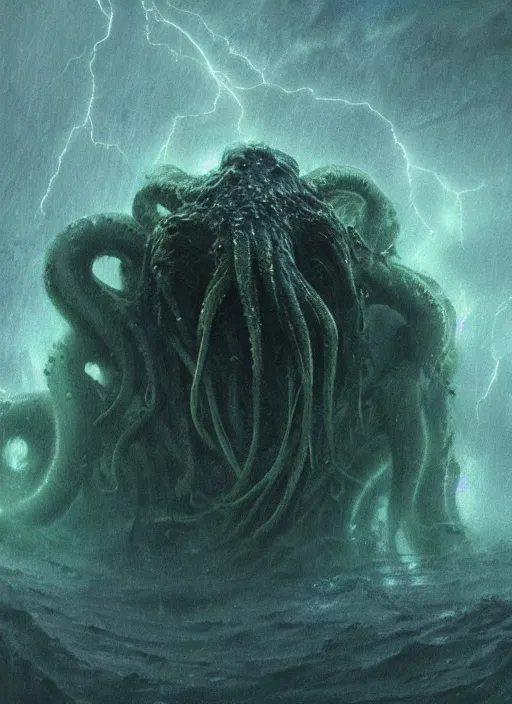 Prompt: concept art of a slimy cthulhu emerging from a thunder storm, thalassophobia, multiple illuminated lightning!!!, thunder!!!, sharp focus, amazing depth, lovecraftian, by jeremy mann, hr giger, beksinski, unreal engine highly rendered, ominous, misty, ultra detailed, dramatic lighting, 8 k