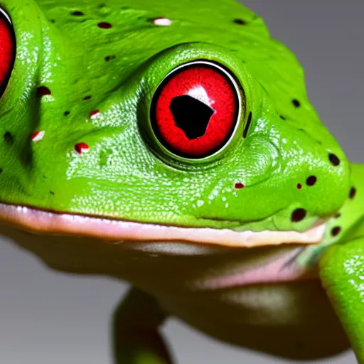 Image similar to a red - eyed tree frog with eye patch, 3 d model, high quality, sharp focus