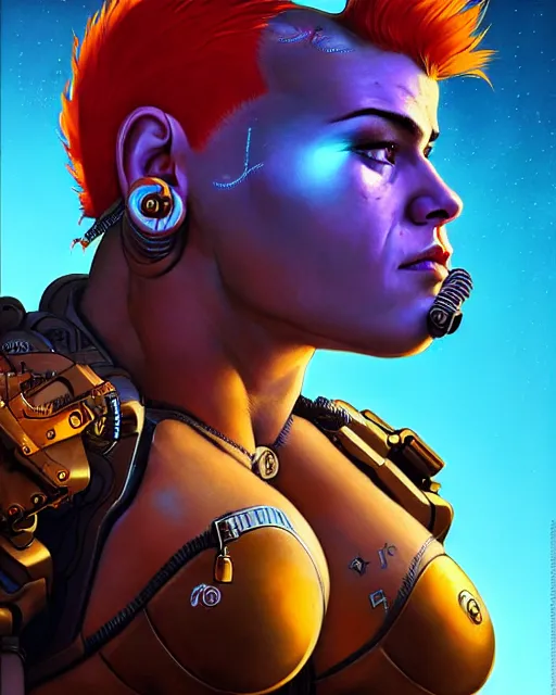 Image similar to zarya from overwatch, crazy look in his eyes, character portrait, portrait, close up, concept art, intricate details, highly detailed, vintage sci - fi poster, retro future, in the style of chris foss, rodger dean, moebius, michael whelan, and gustave dore