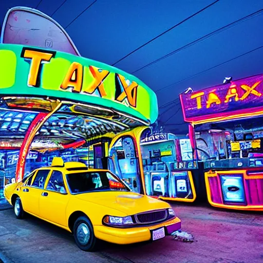 Image similar to taxi at neon gas station in space