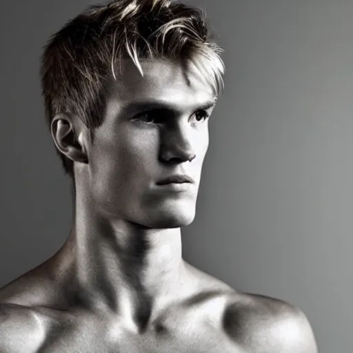 Prompt: a realistic detailed photo of a guy who is an attractive humanoid who is half robot and half humanoid, who is a male android, soccer player martin ødegaard, shiny skin, posing like a statue, blank stare, in a living room, on display, showing off his muscles, hypnotic eyes