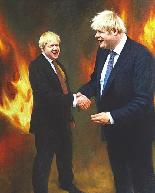 Prompt: an oil painting of uk politician former prime minister boris johnson having a meeting with the devil satan in the fiery pits of hell, demonic imagery, pagan, satanic symbolism, smiling and shaking hands, 4 k detail