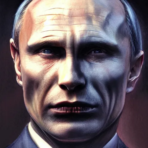 Image similar to portrait of vladimir putin, voldemort putin hybrid, putin face, vladimir putin anthropomorphic transformation, macabre, horror, by donato giancola and greg rutkowski and wayne barlow and zdzisław beksinski, realistic face, visible face, digital art