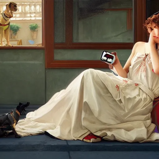 Prompt: a dog watching tiktok on iphone, oil on canvas artstation by J. C. Leyendecker and Edmund Blair Leighton and Charlie Bowater octane render